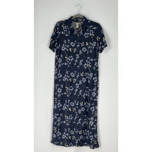 Notations Vintage Maxi Dress Womens Size Small Linen Blend Floral Blue Button Up
